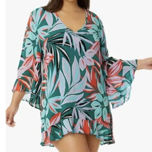 Anne Cole Other - Anne Cole Green and Pink Swim Coverup with Bell Sleeves Xl/XXl